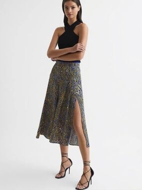 Reiss Printed Slip Skirt Royal Blue Yellow Black Size 2